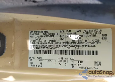 2012 Ford E-250 Commercial from USA, damaged, VIN 1FTNE2EW2CDA15287